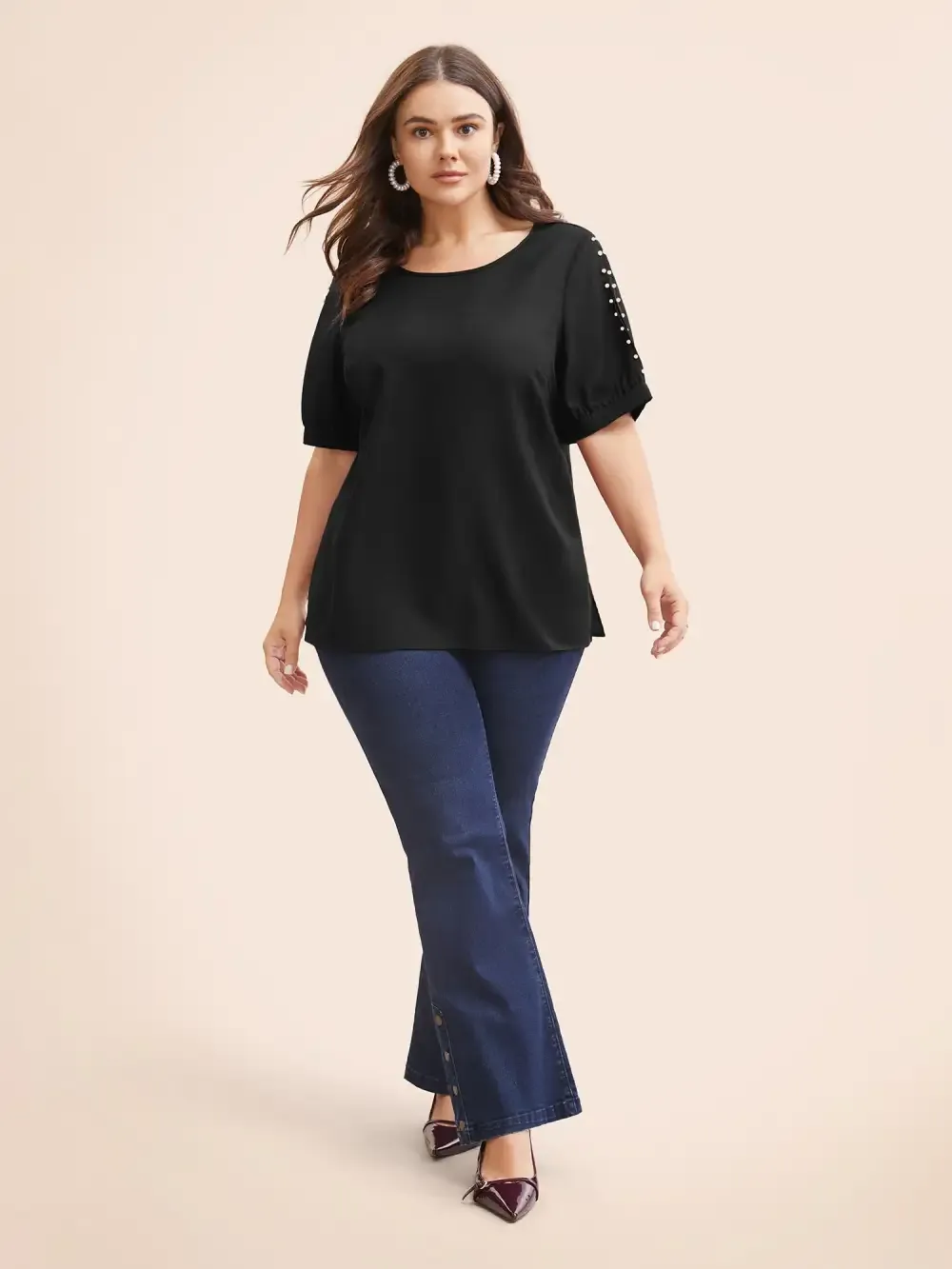 Round Neck Pearl Beaded Cut Out Blouse