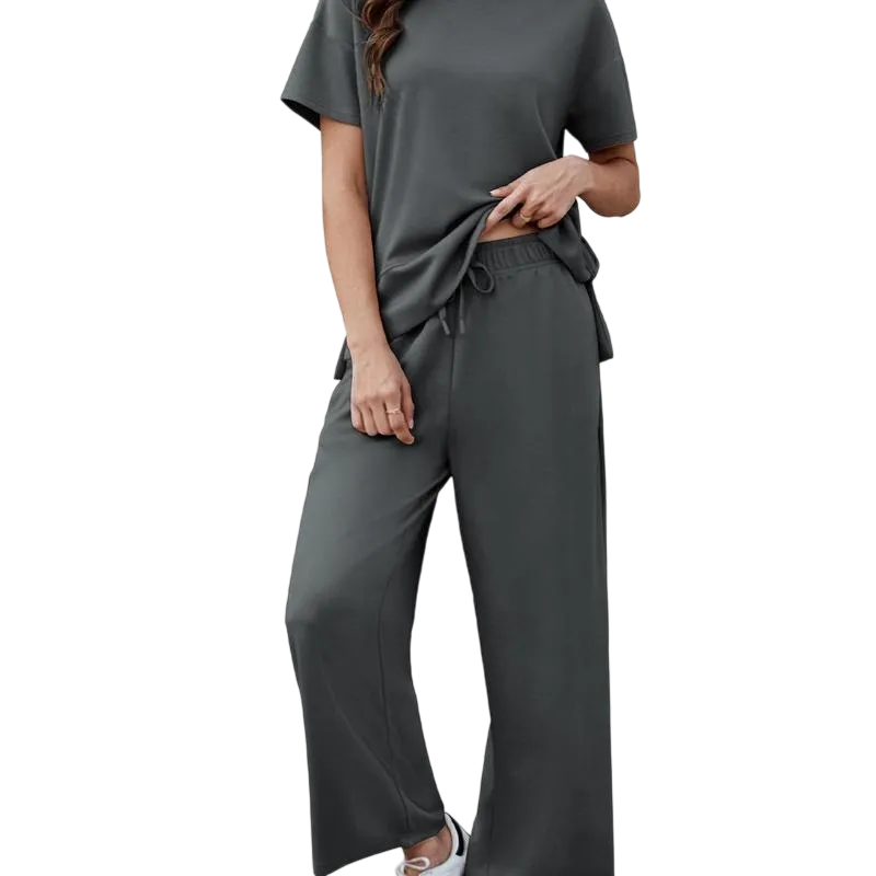 2 Piece Tracksuit for Womenswear Soft Short Sleeve Outdoor Wide Adjustable Leg Pockets Pants Lounge Matching Travel