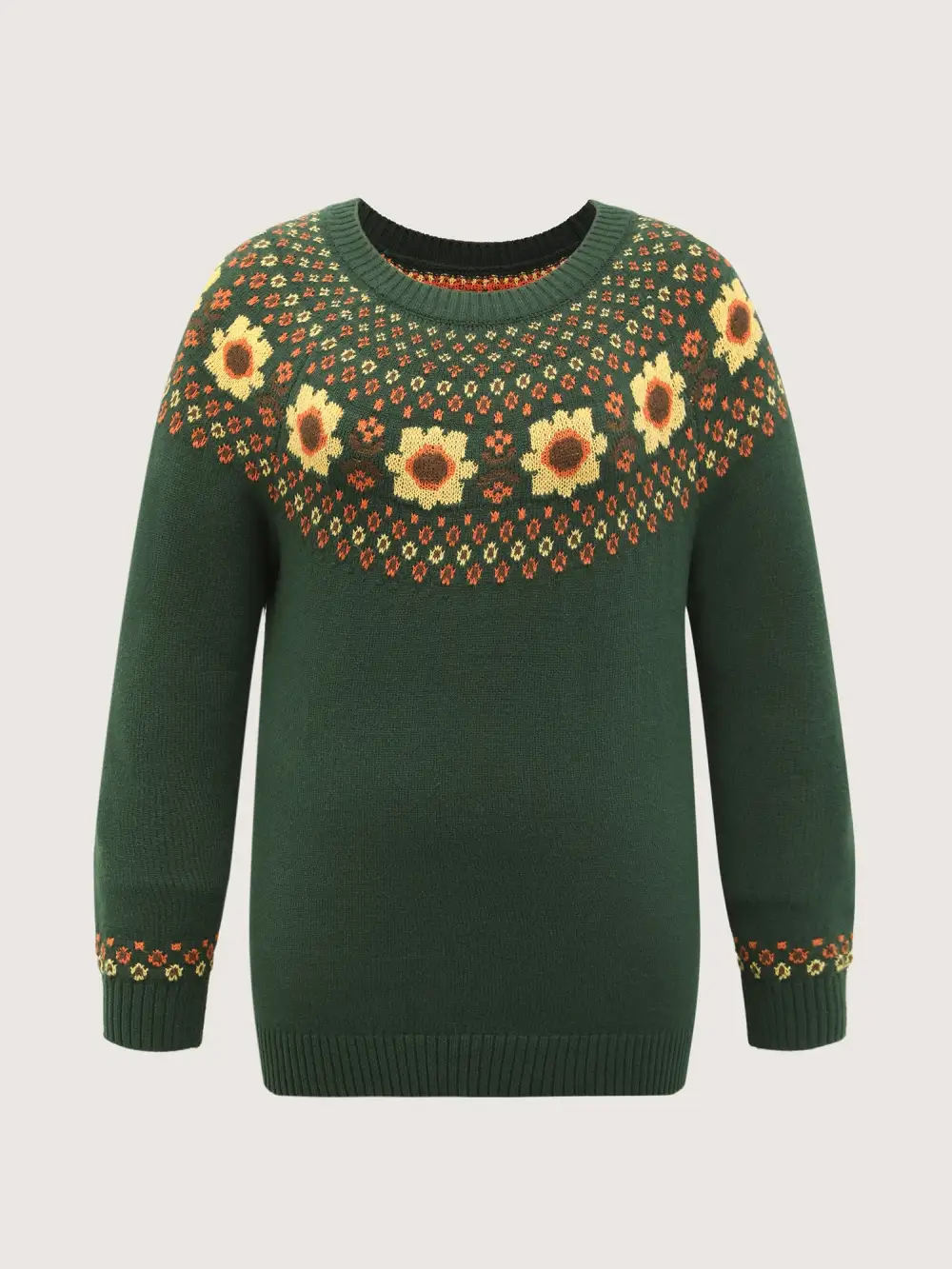 Fair Isle Floral Pattern Ribbed Hem Pullover