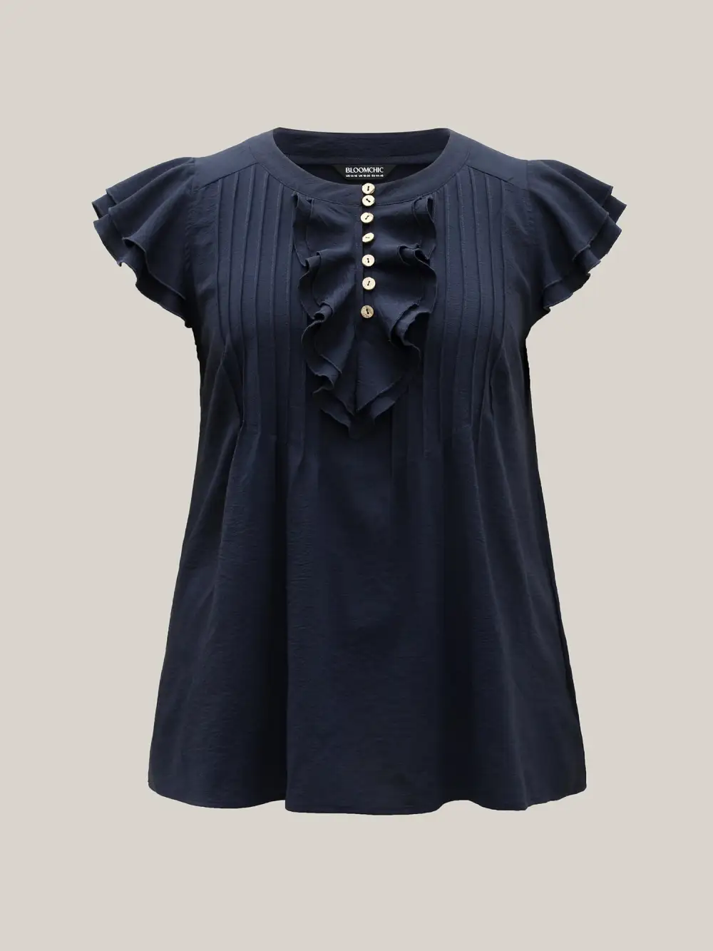 Solid Ruffle Trim Toothpick Pleat Blouse