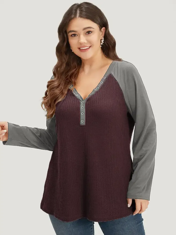 Waffle Knit Raglan Sleeve Metal Buckle Detail T-Shirt