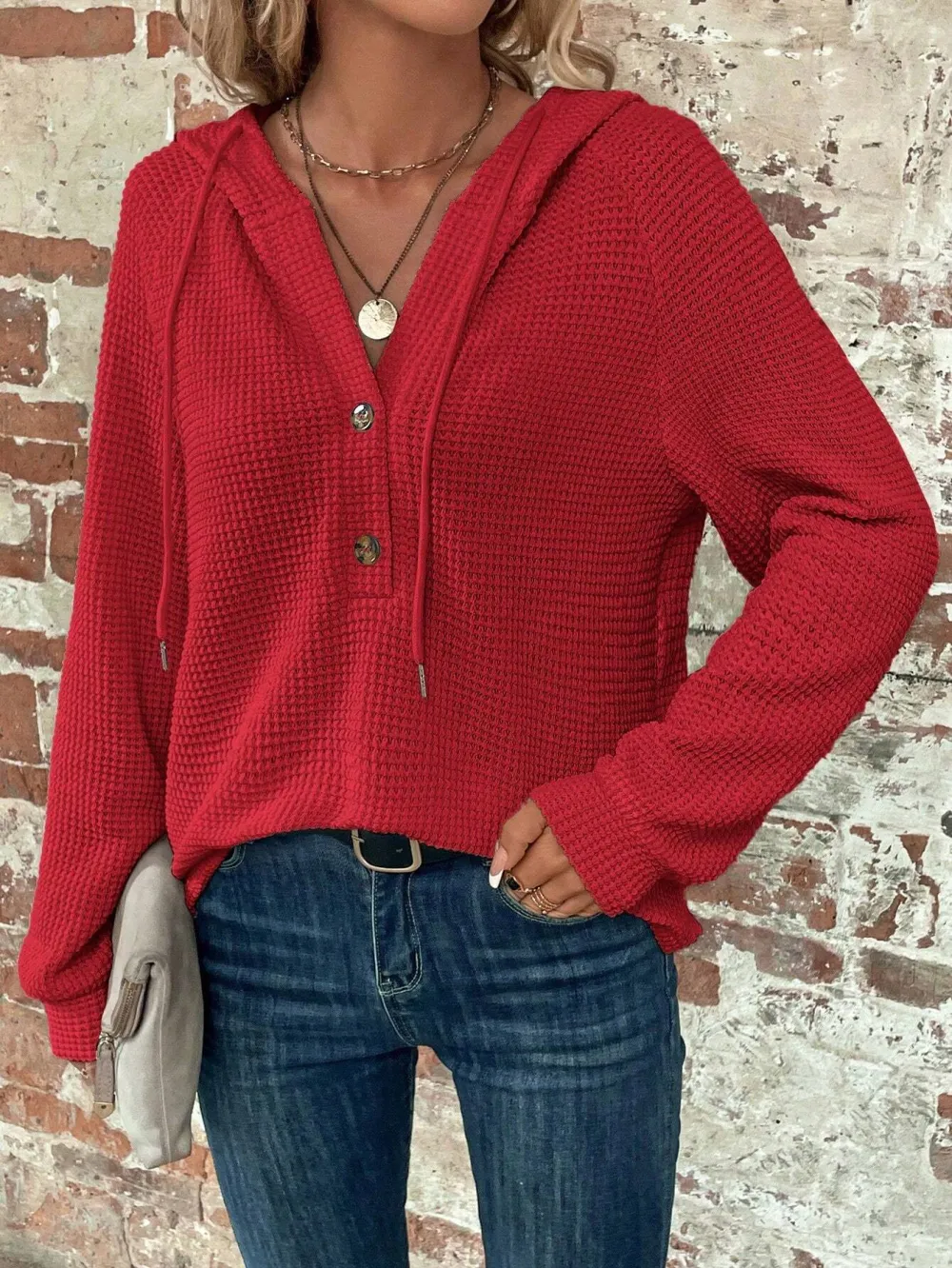 Half Button Raglan Sleeve Drawstring Hooded Sweatshirt