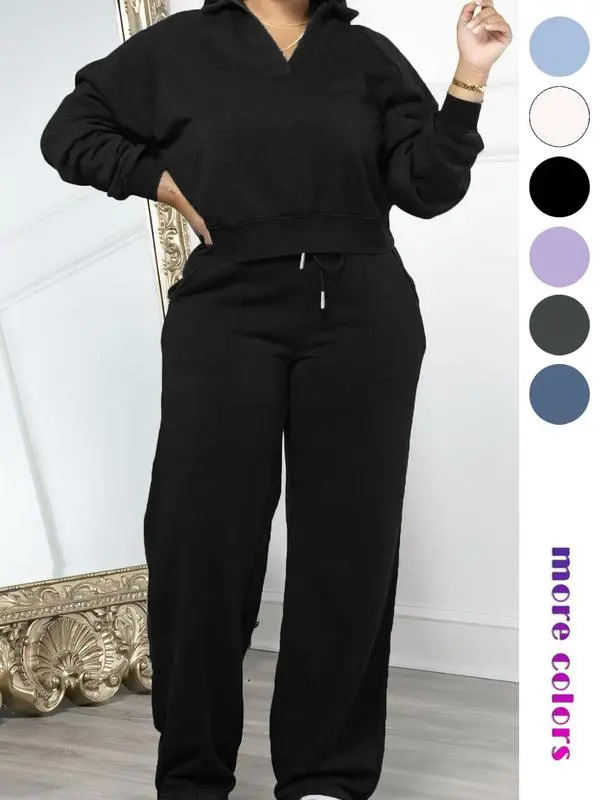 Women's Solid Long Sleeve Sweatshirt & Drawstring Waist Pants Set, Casual Fashion Cozy Two-piece Outfits