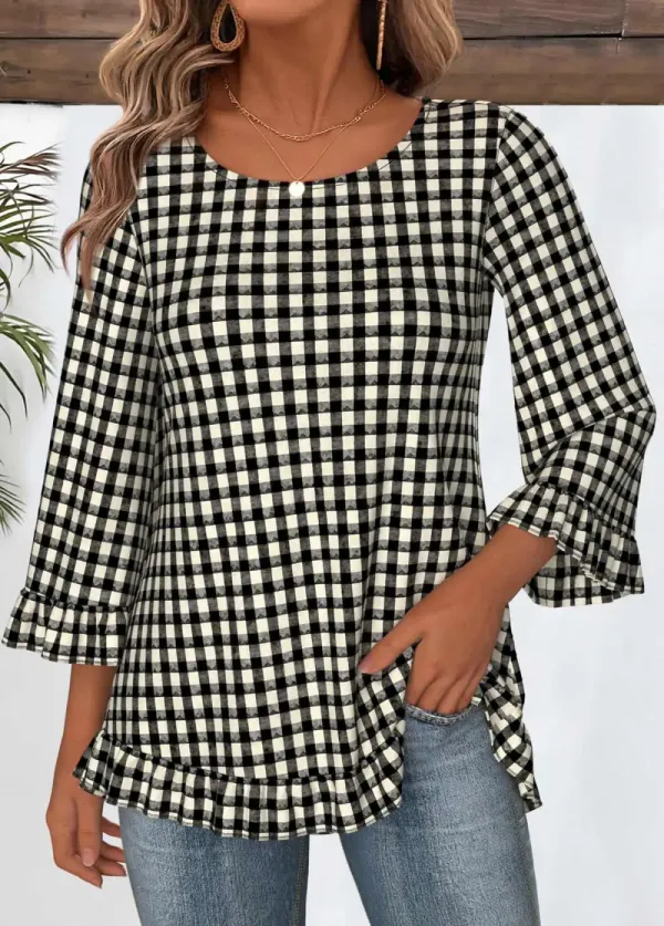 Black Tummy Coverage Plaid 3/4 Sleeve T Shirt