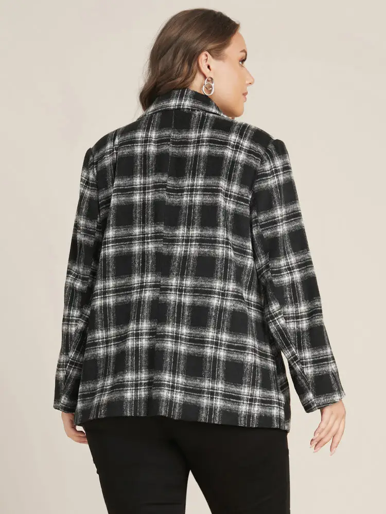 Plaid Flap Pocket Button Up Suit Collar Blazer