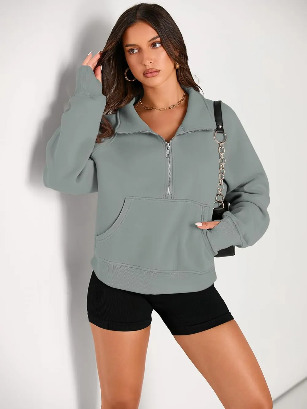 Womens Sweatshirts Half Zip Cropped Pullover Fleece Quarter Zipper Hoodies Fall outfits Clothes Thumb Hole