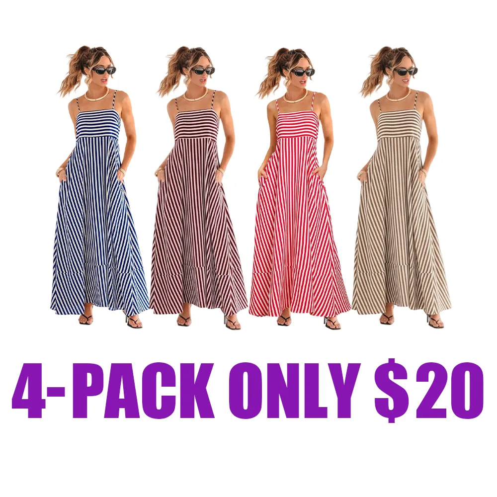 Striped Maxi Dress for Women – Square Neck Sleeveless Sundress, Casual Summer Outfit for Beach, Vacation, or Party