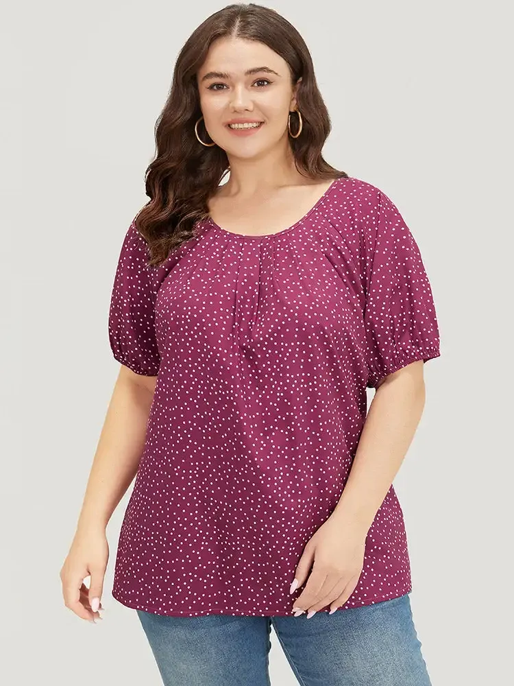 Polka Dot Pleated Round Neck Puff Sleeve Blouse
