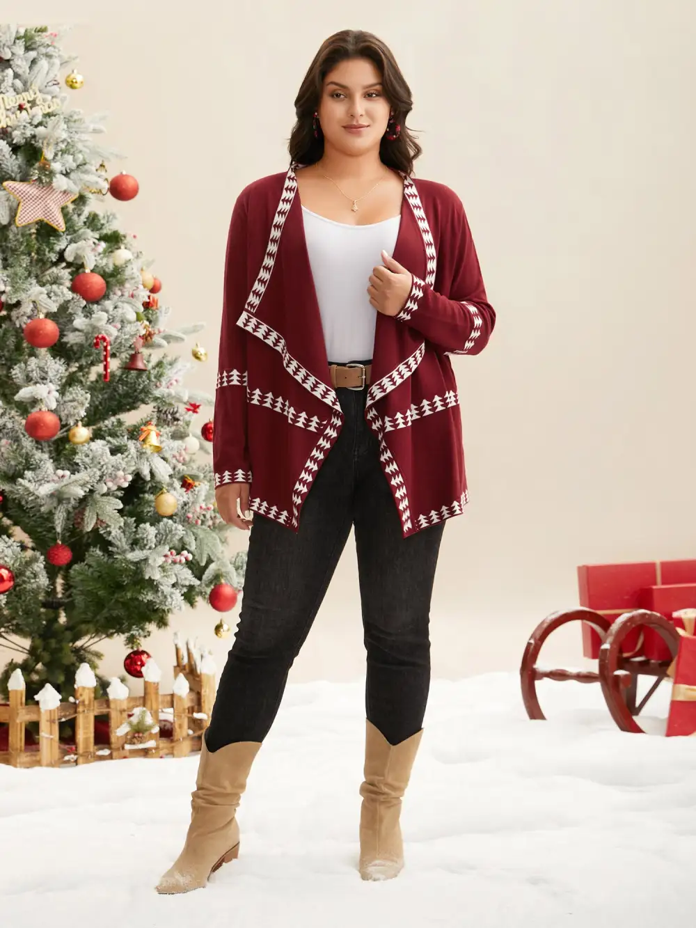 Holiday Pattern Hem Lapel Collar Knit Cardigan