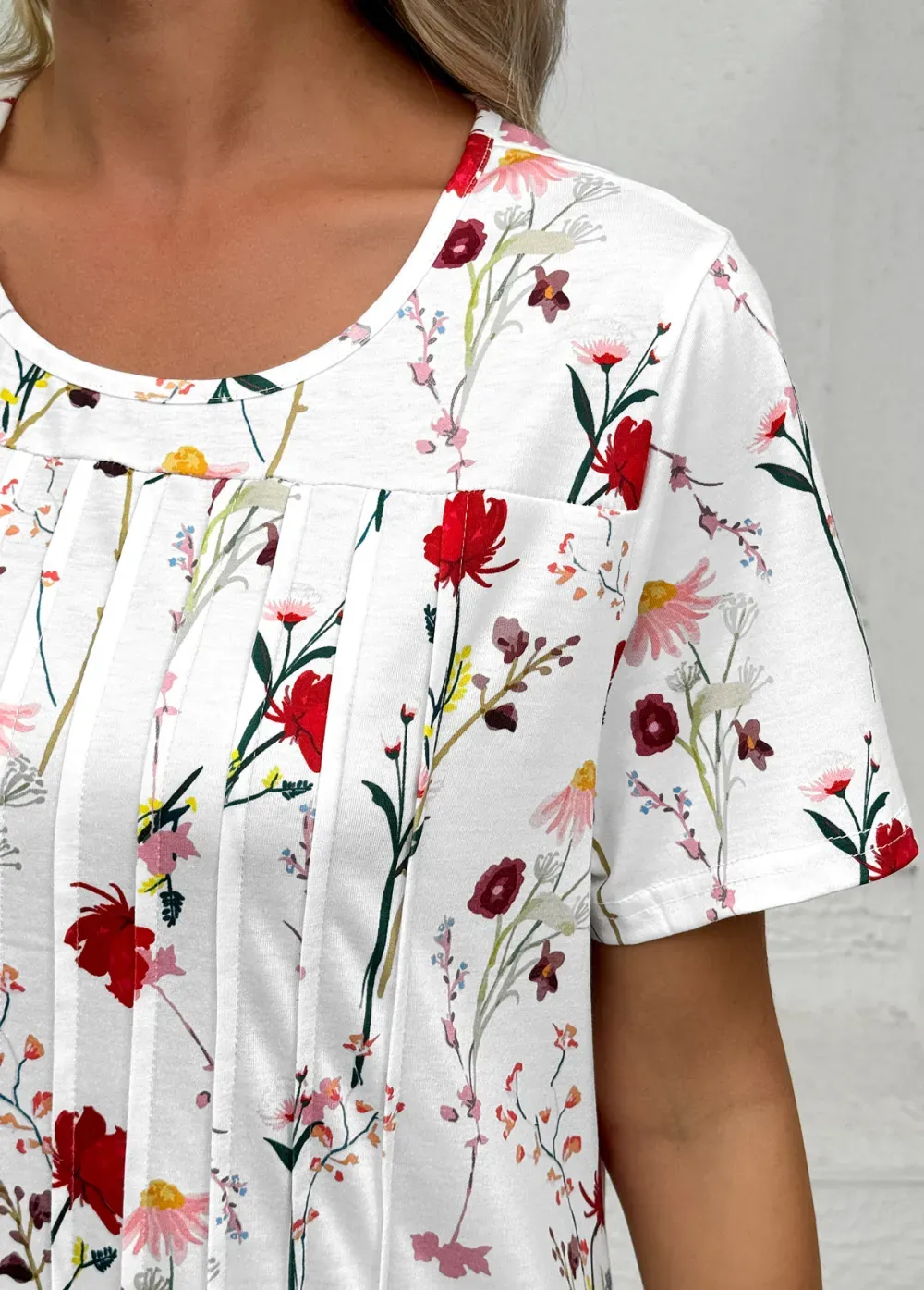 White Tuck Stitch Floral Print A Line Dress