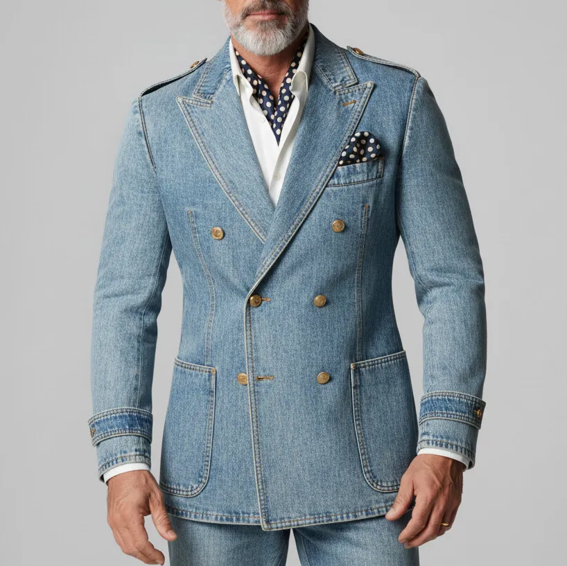 Men's Light Blue Denim Peak Lapel Double Breasted Patch Pockets Long Sleeve Blazer