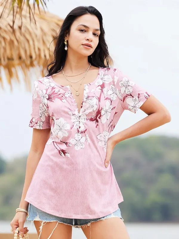 Women's T shirt Tee Henley Shirt Floral Print Casual Daily Vintage Tunic Short Sleeve V Neck Red