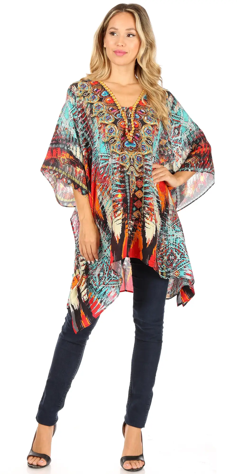 Women's Caftan Poncho Cover up V neck Top Lace up With Rhinestone