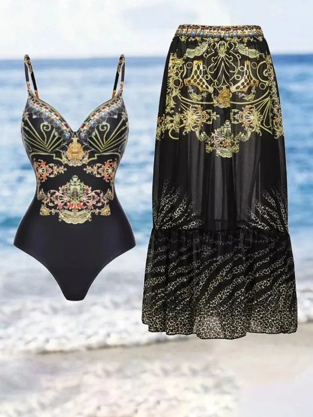 Ethnic Printing V Neck Vacation One Piece With Cover Up
