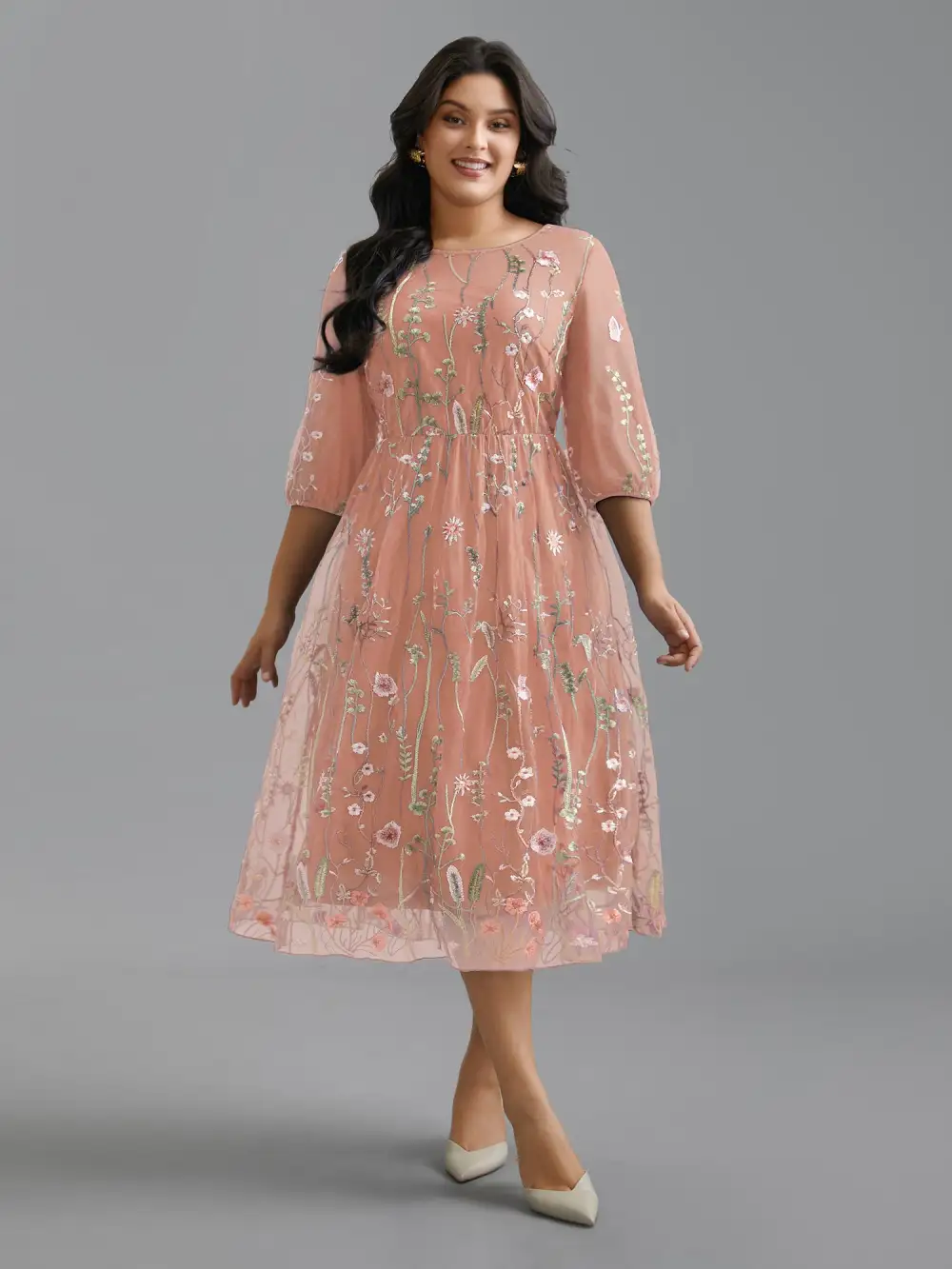 Floral Embroidered Elastic Waist Lined Midi Dress