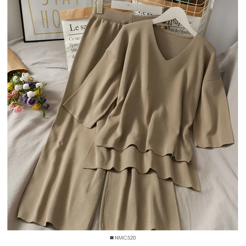 V-neck half-sleeved sweater drape wide-leg pants suit
