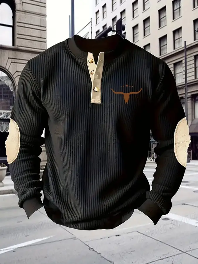 Men's Casual Waffle Colorblock Long Sleeve Henley