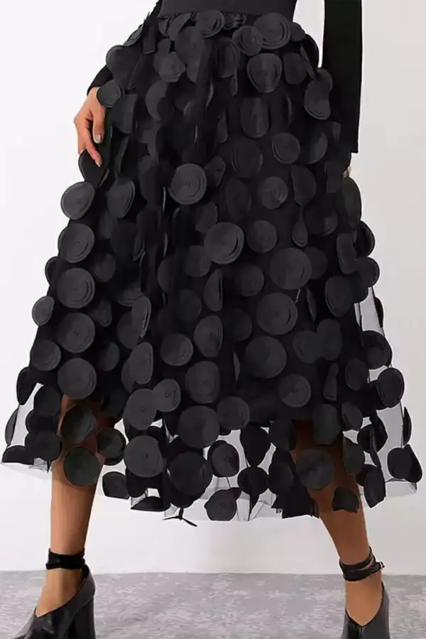 3D Dotted Applique High Waisted A-Line Midi Skirt