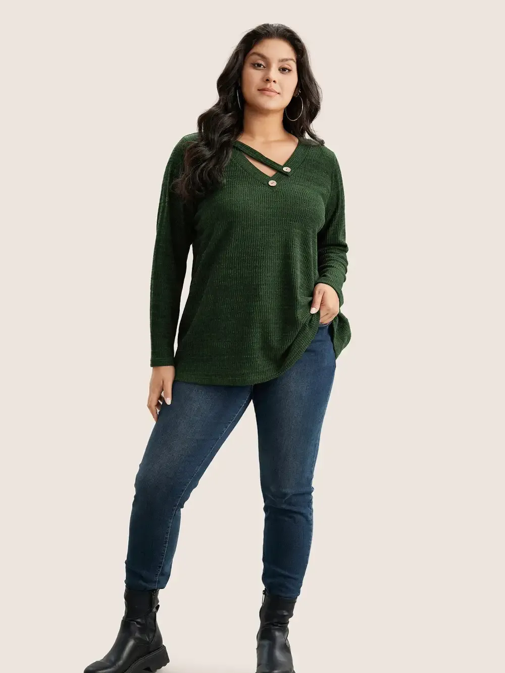 Solid Rib Knit Button Detail T-Shirt