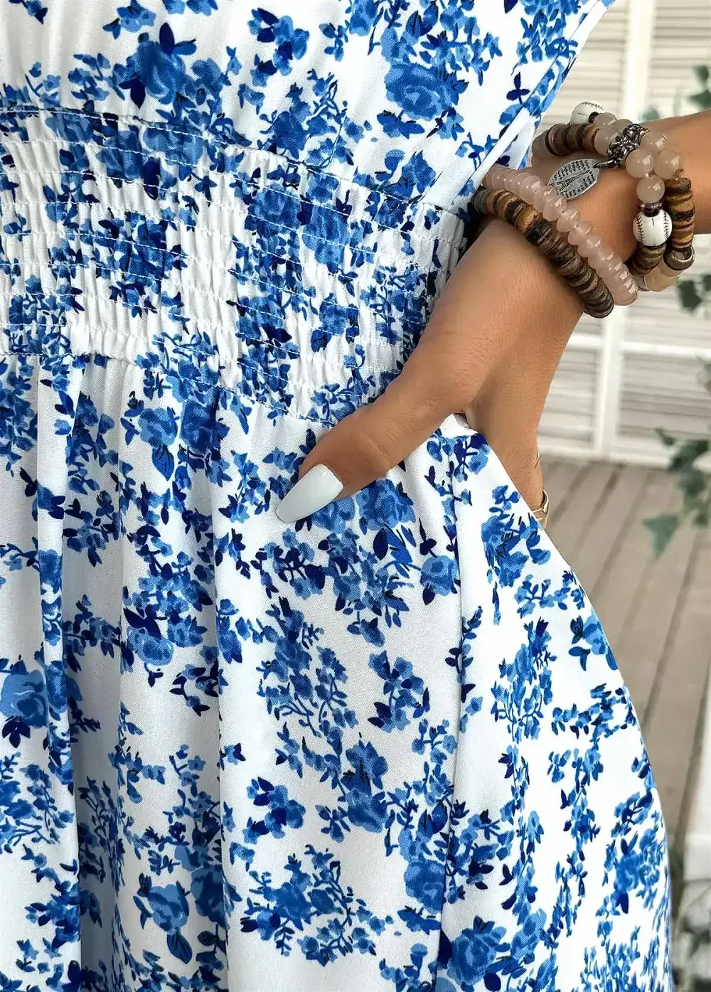 Blue Ditsy Floral Print Short Sleeve Off Shoulder Dress