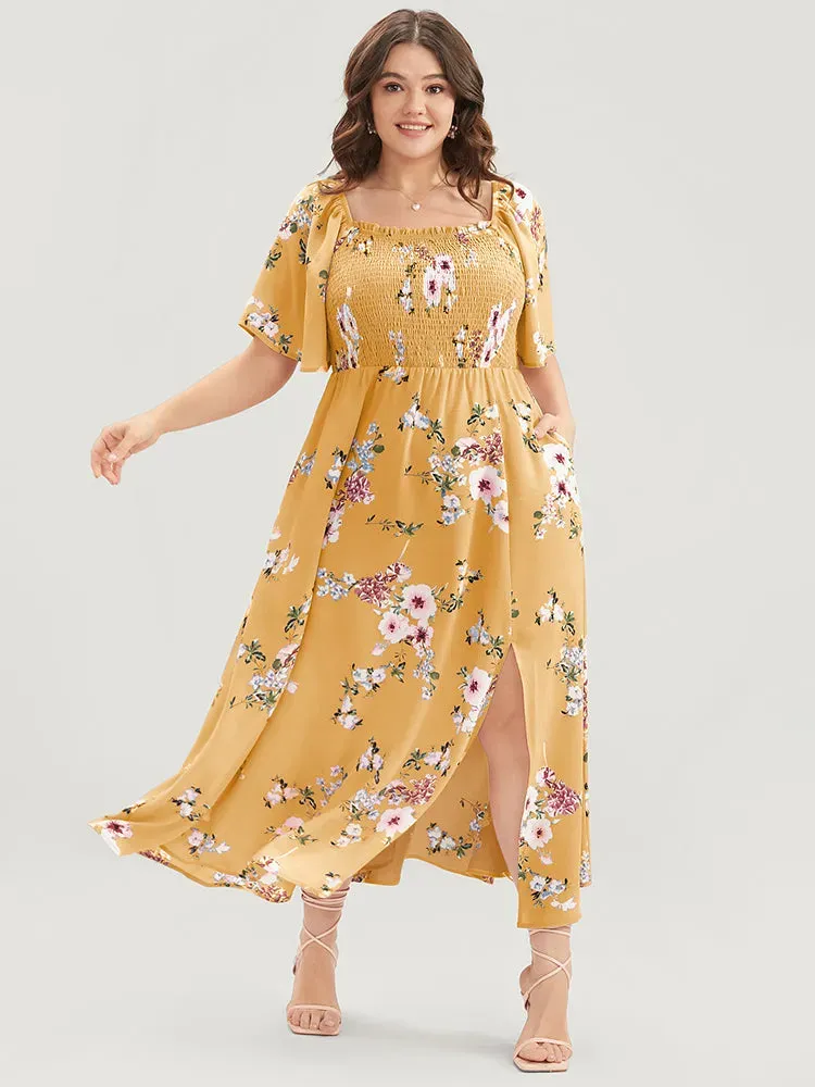 Floral Square Neck Ruffles Pocket Shirred Split Dress