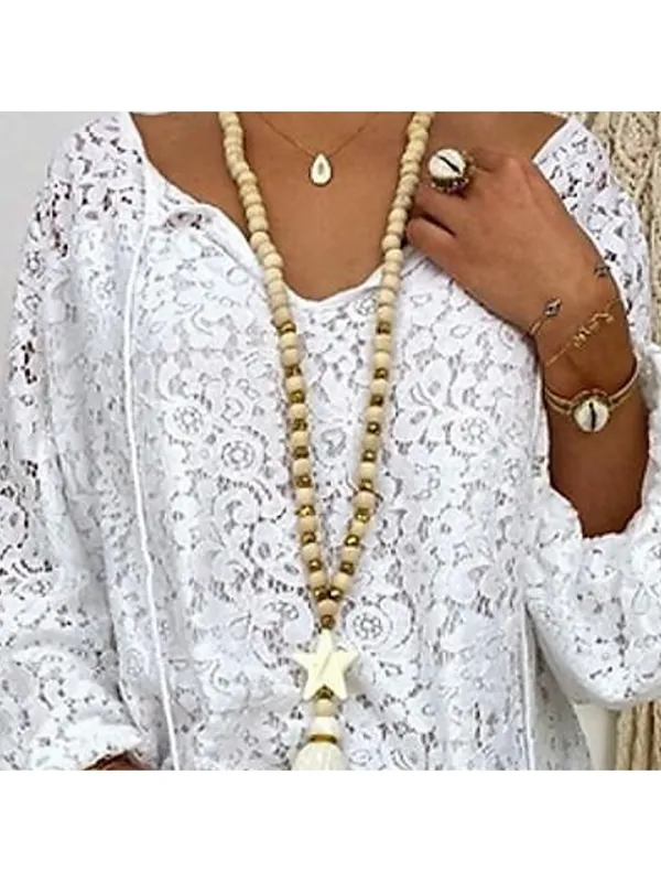 Women's Plus Size Lace Shirt Blouse Floral Lace Daily Vacation Going out Elegant Streetwear Casual Long Sleeve V Neck White Spring Fall