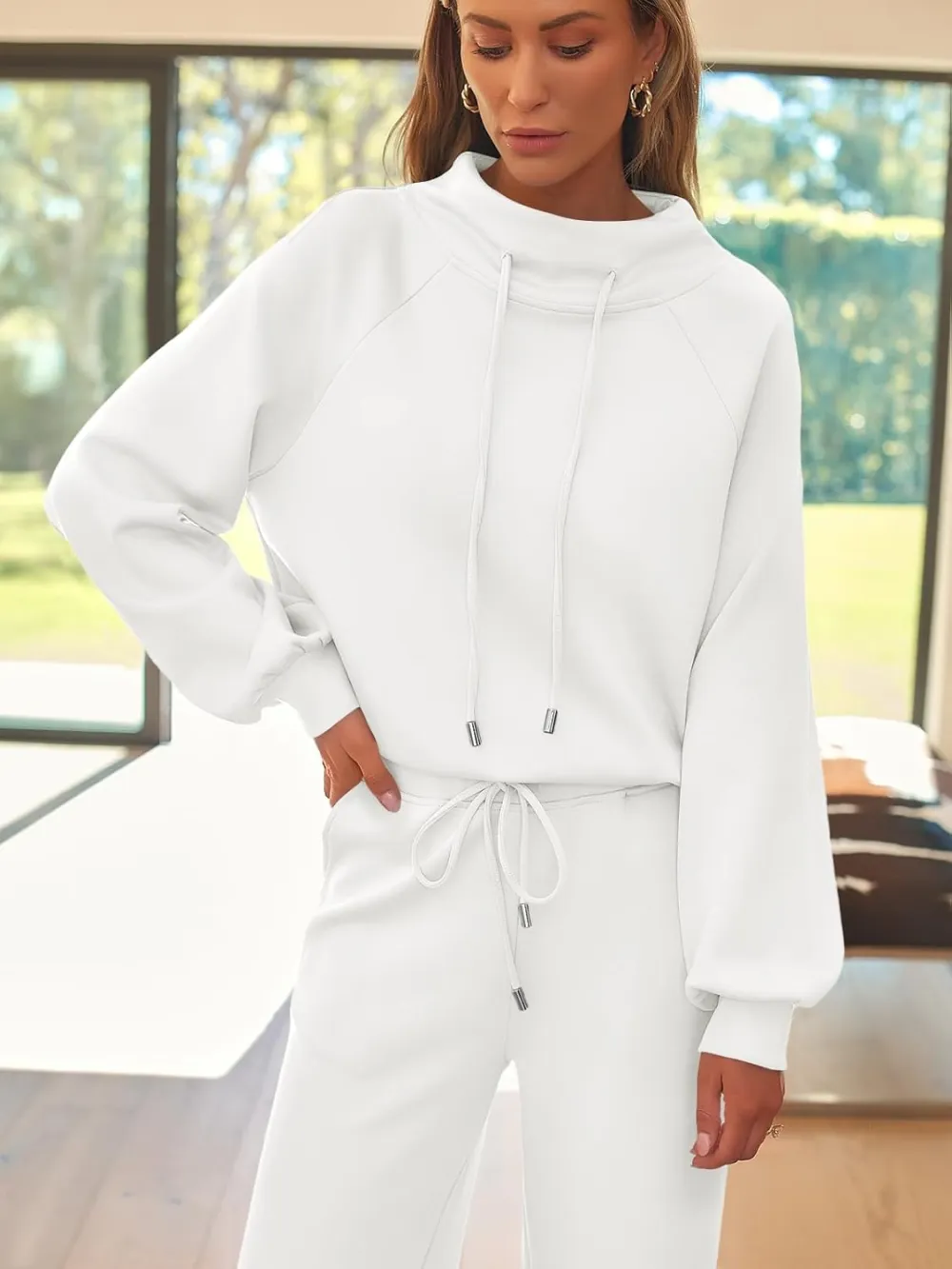 Lounge Sets for Women Sweatsuits 2 Piece Outfits 2024 Fall Drawstring Sweatshirt Wide Leg Sweatpants Tracksuit