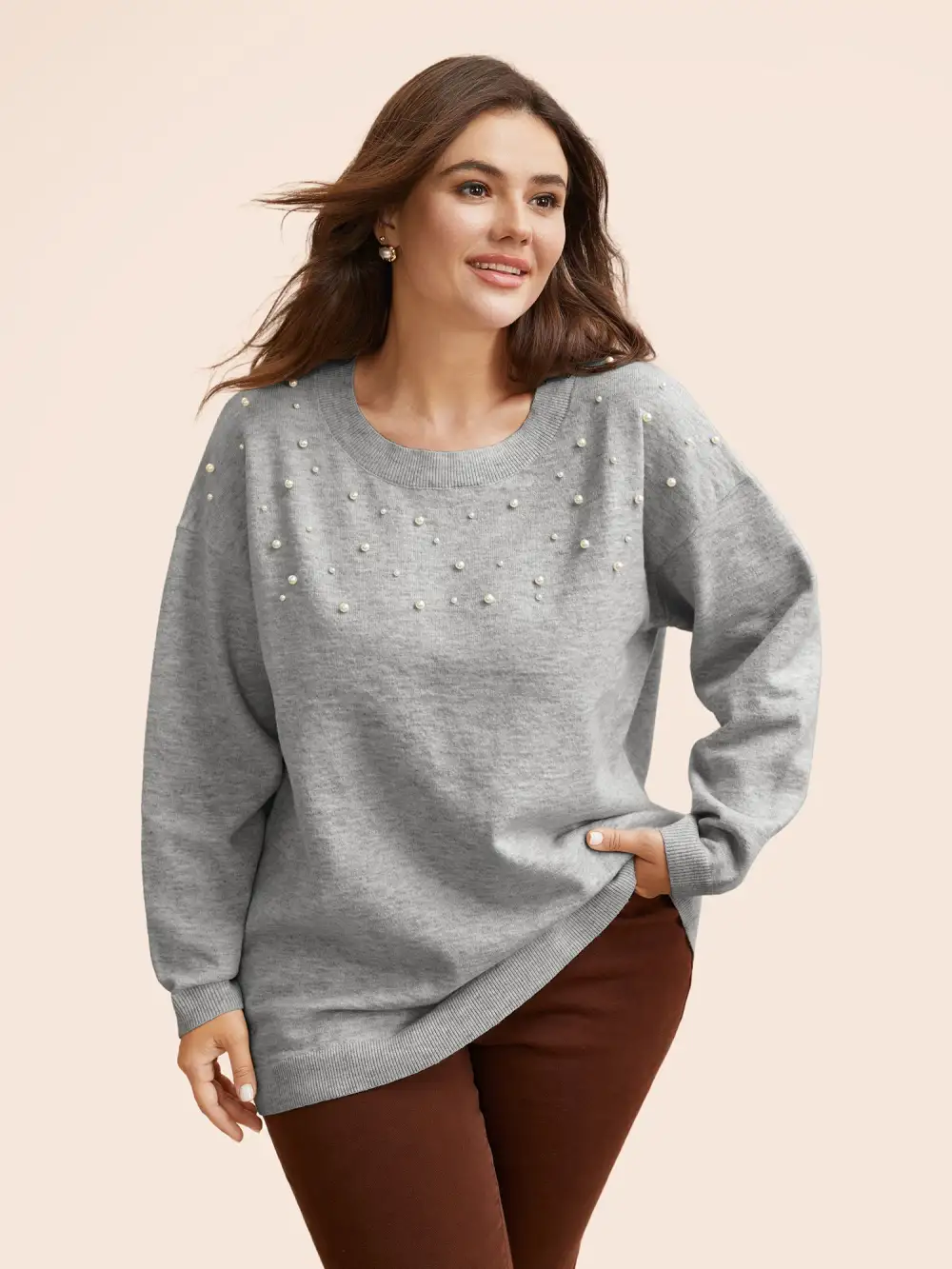 Round Neck Pearl Beaded Pullover