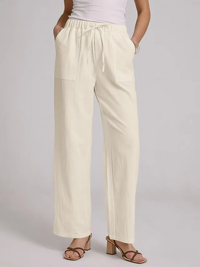 Women's Wide Leg Chinos Cotton Linen Baggy Mid Waist Black Summer