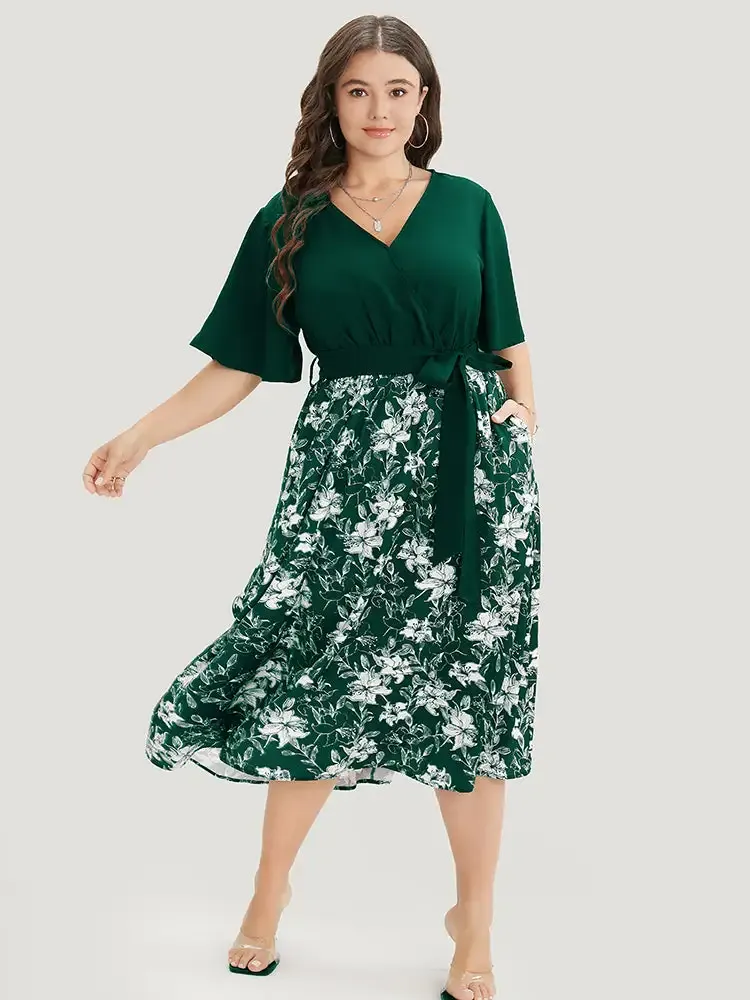 Floral Patchwork Pocket Belt Surplice Neck Ruffle Hem Dress