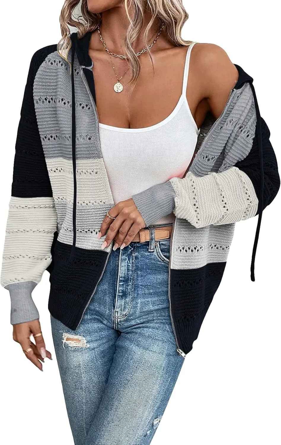 Women's Colorblock Zip Up Hoodie Jacket Long Sleeve Drawstring Hooded Cardigan Coat