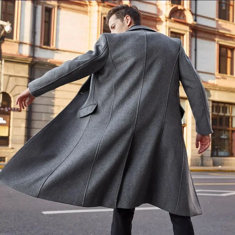 Men's Solid Color Woolen Long Coat