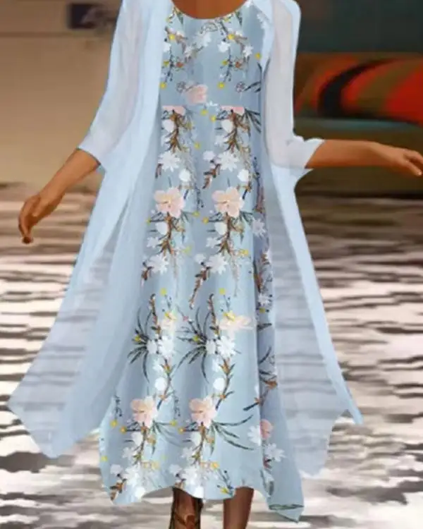 Two-piece Casual Crew Neck Printed Maxi Dress S-3XL