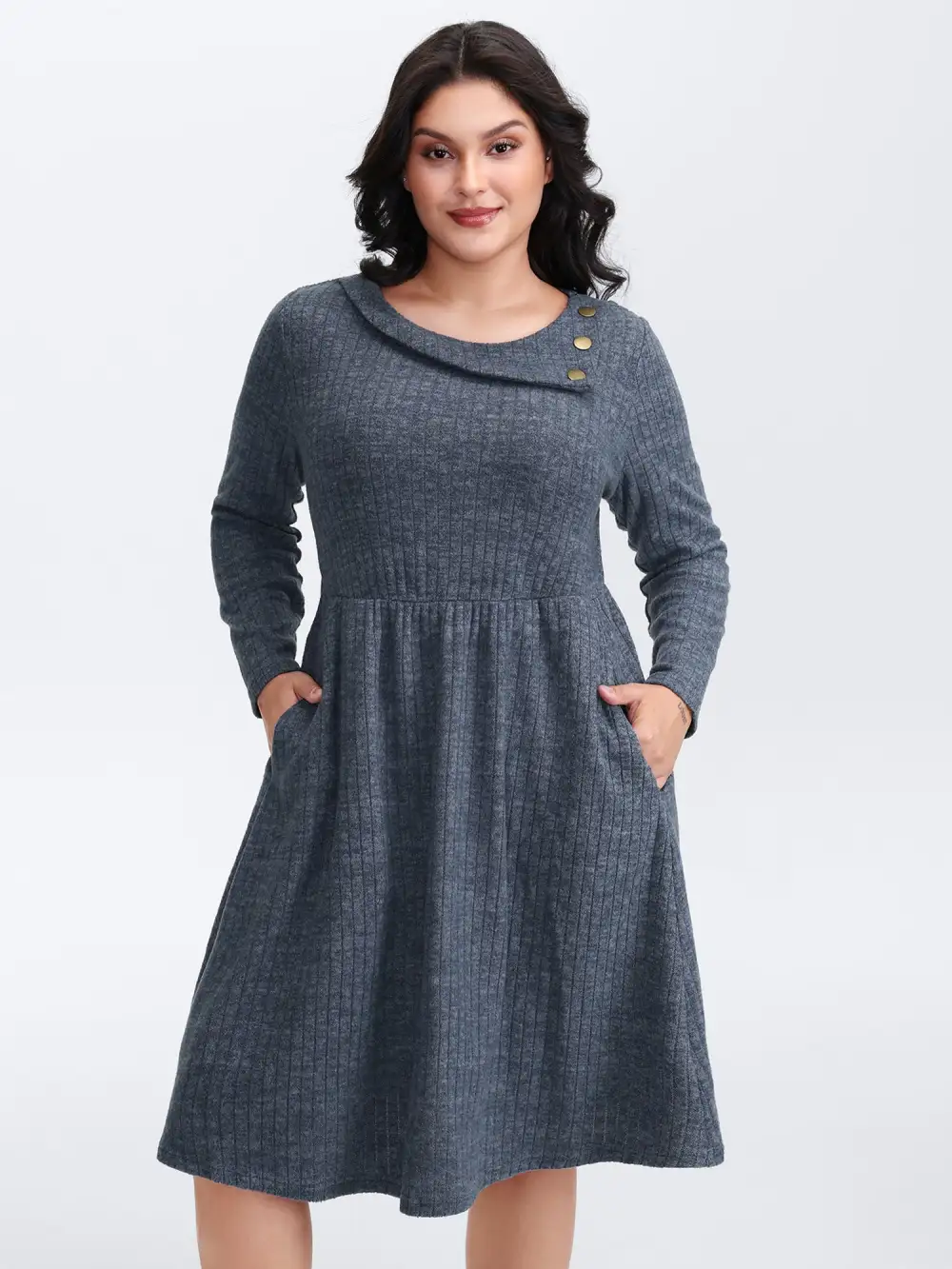 Waffle Velvety Feel Asymmetrical Neck Midi Dress