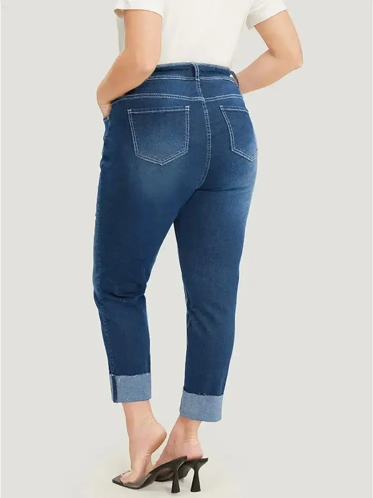 Straight Leg Very Stretchy High Rise Dark Wash Roll Hem Jeans