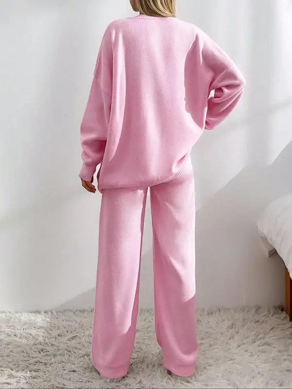 Women's V-Neck Button Cardigan & Wide-Leg Pants Set