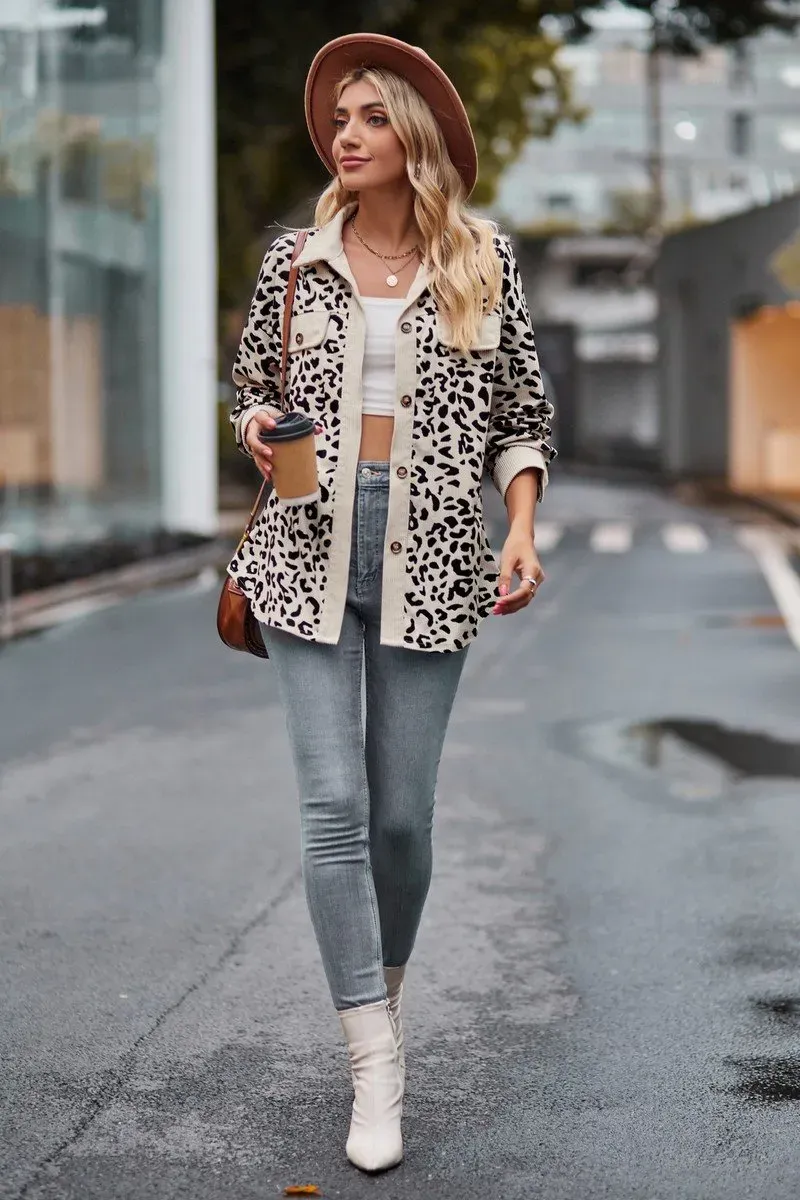 LAPEL LEOPARD SHACKET LONG SLEEVE SHIRT JACKET