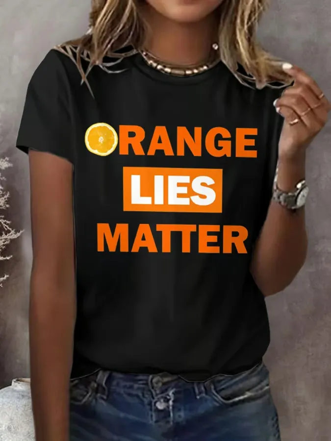 Women'S T-Shirt Vintage Orange Lie Print T-Shirt Monogram Print Round Neck Cotton Short Sleeve