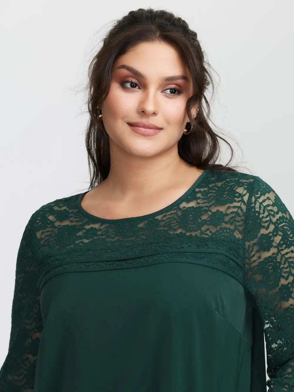 Lace Sheer Sleeve Curvy Hem Blouse