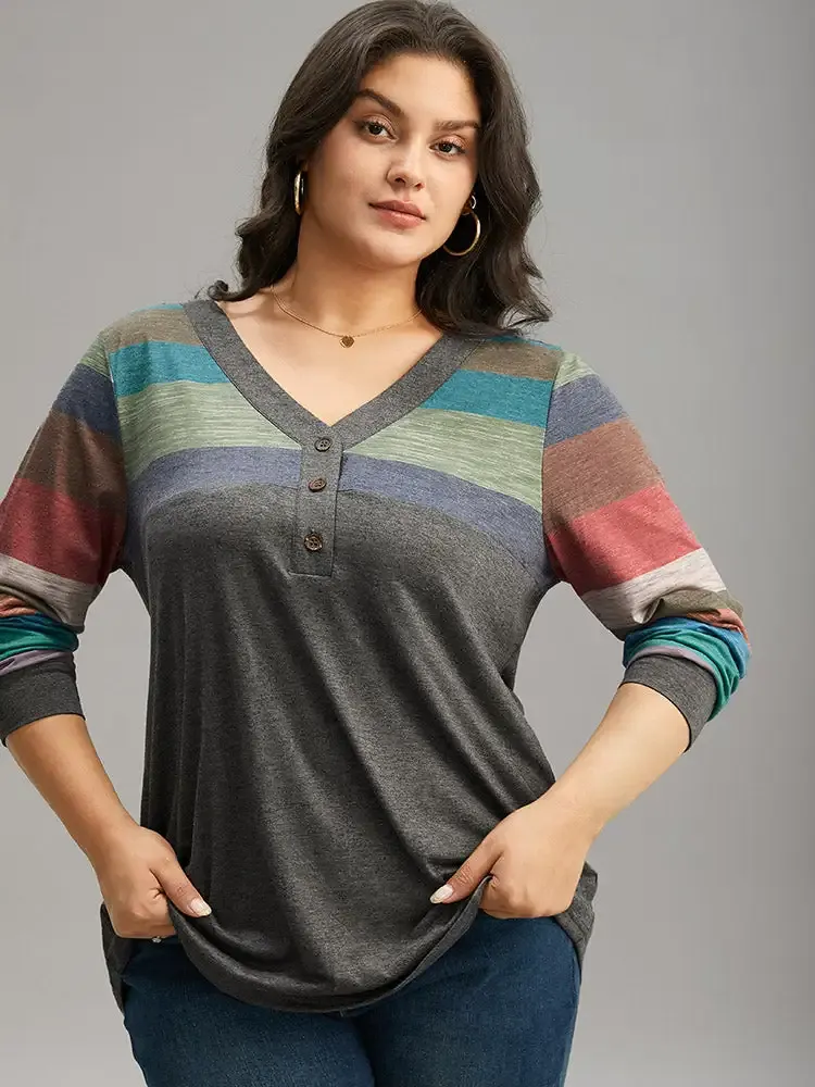 Colorblock Contrast V Neck Button Up T-Shirt