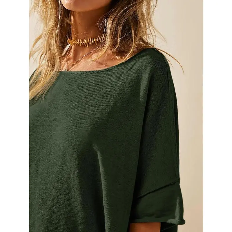 Women's Oversized Crew Neck Side Slit T-Shirt – Casual, Loose-Fit Summer Top