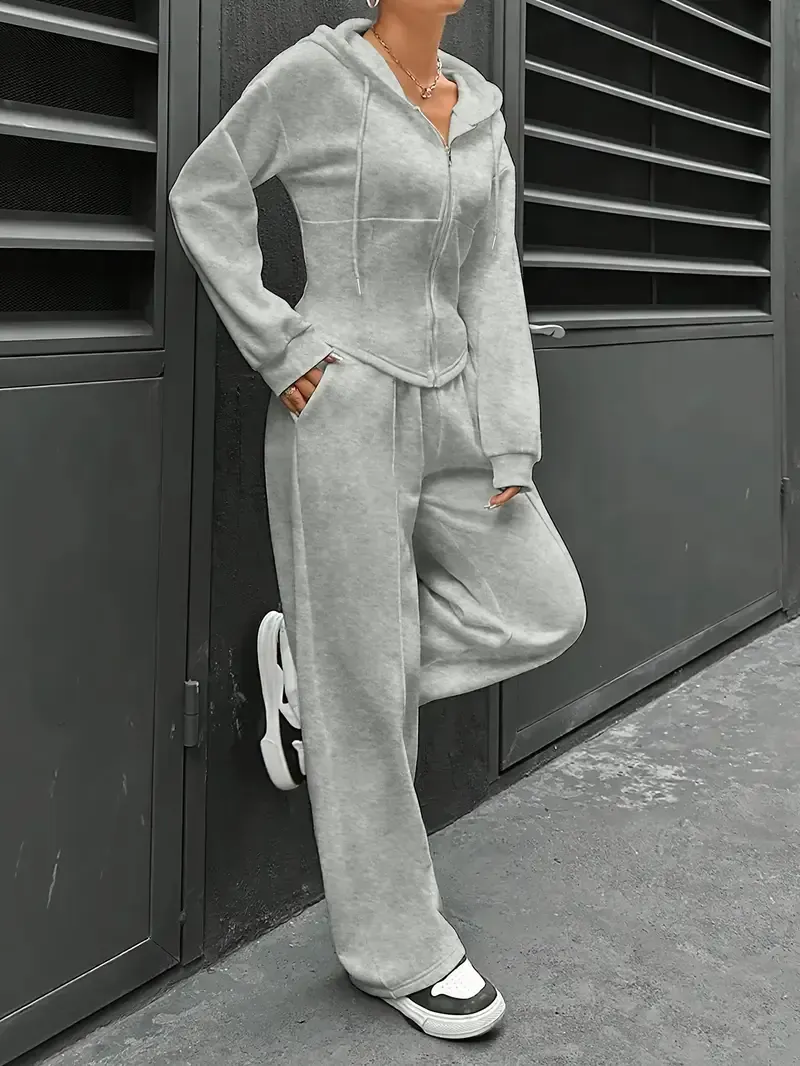 [All Seasons Polyester Hooded Tracksuit] Women'S Elegant Solid Color Polyester Hooded Tracksuit Set with Drawstring and Zipper Details – Knit Fabric Pantsuit for All Seasons