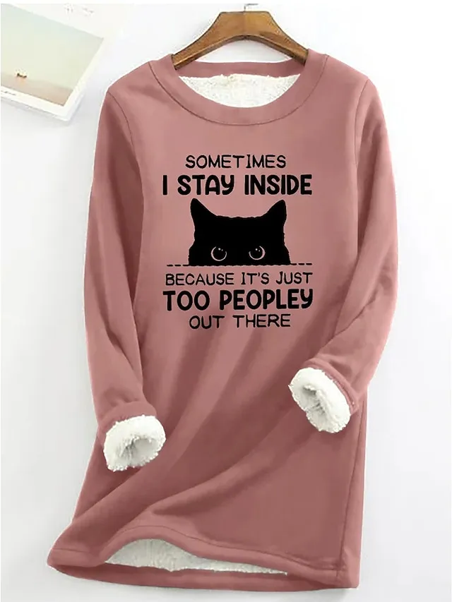 Women's Sweatshirt Pullover Fleece Lined Cat Letter Teddy Fuzzy Black Yellow Pink Street Casual Round Neck Long Sleeve Top Micro-elastic Fall & Winter
