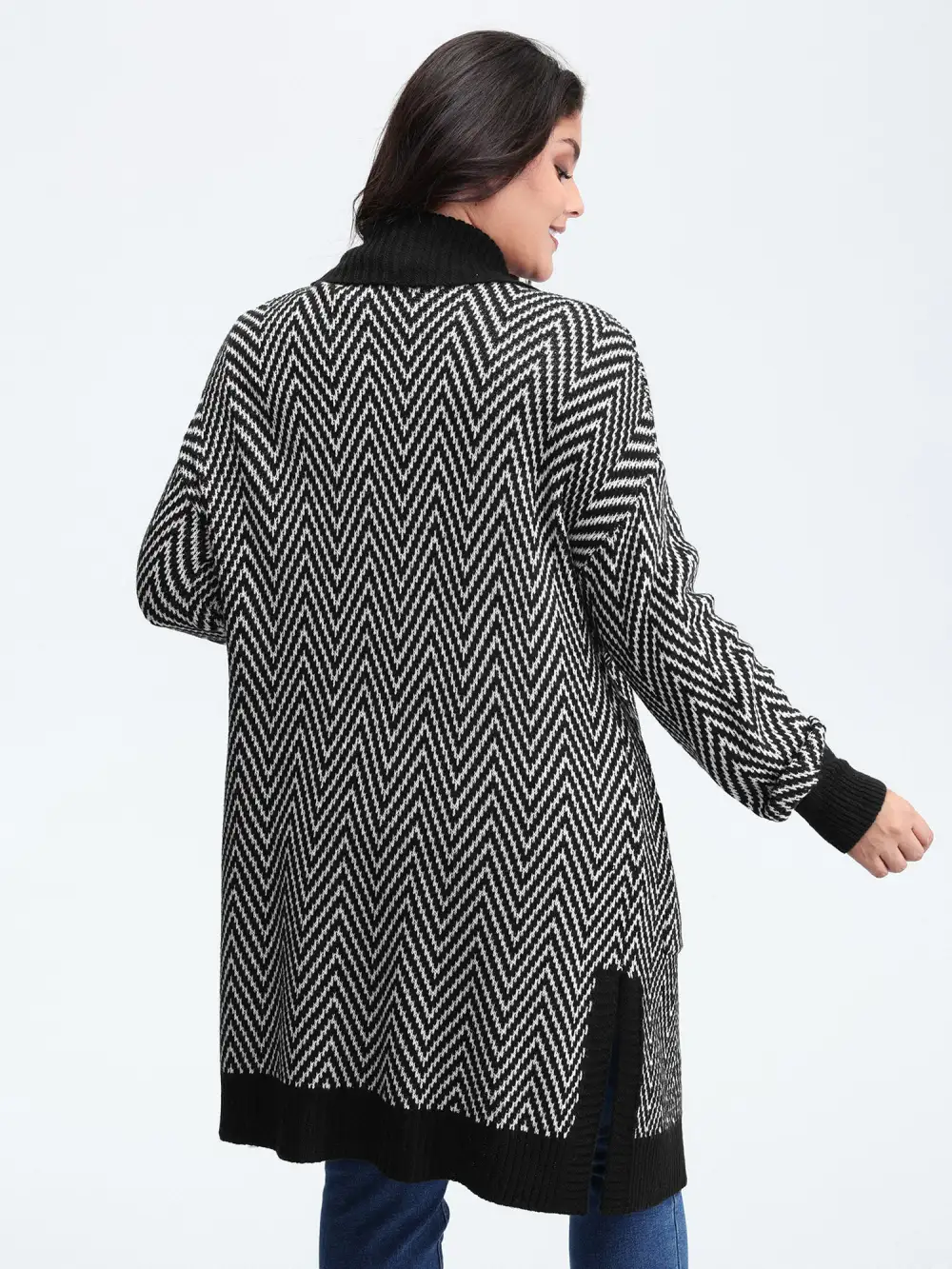 Geometric Pattern Pockets Open-Front Knit Cardigan