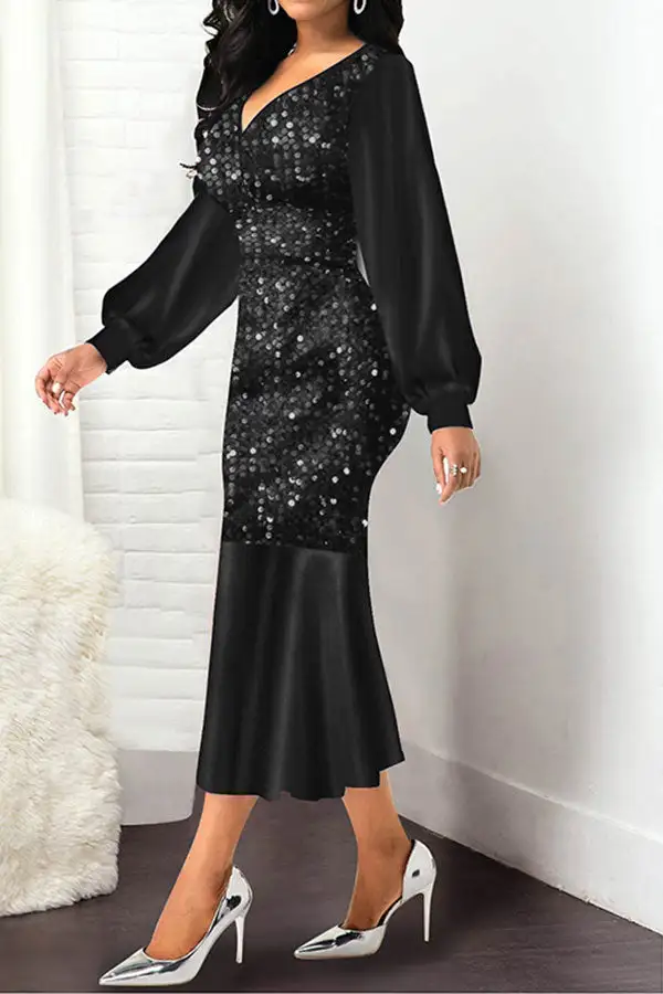 Sequined Stylish Fishnet Midi Dress