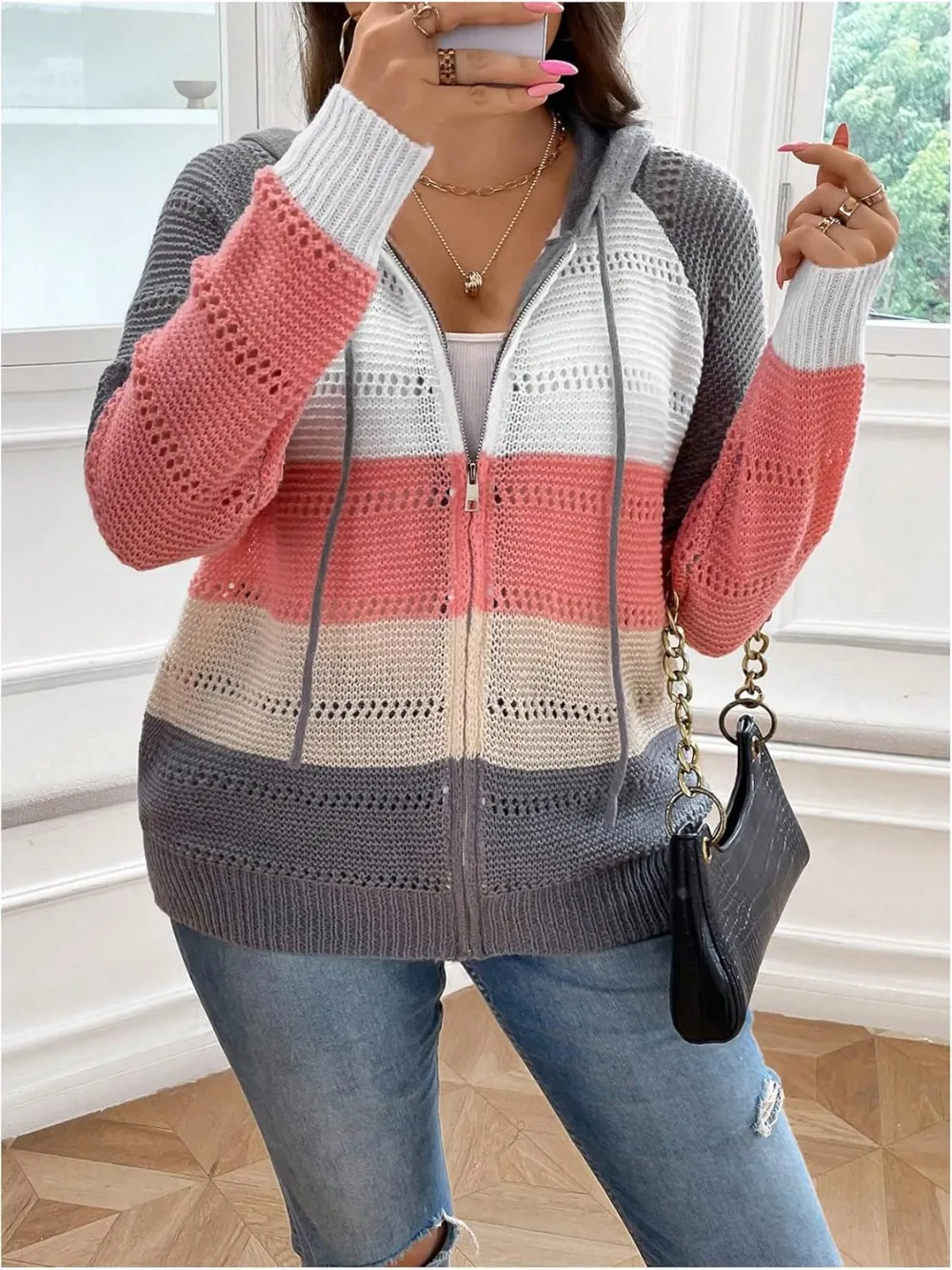 Women's Colorblock Zip Up Hoodie Jacket Long Sleeve Drawstring Hooded Cardigan Coat