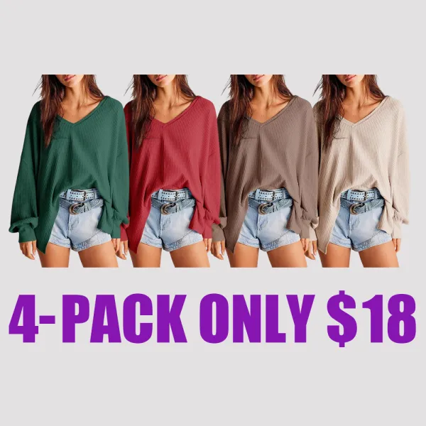 Womens Waffle Knit Tops 2025 Fashion Long Lantern Sleeve Casual Blouses V Neck Oversized T Shirts
