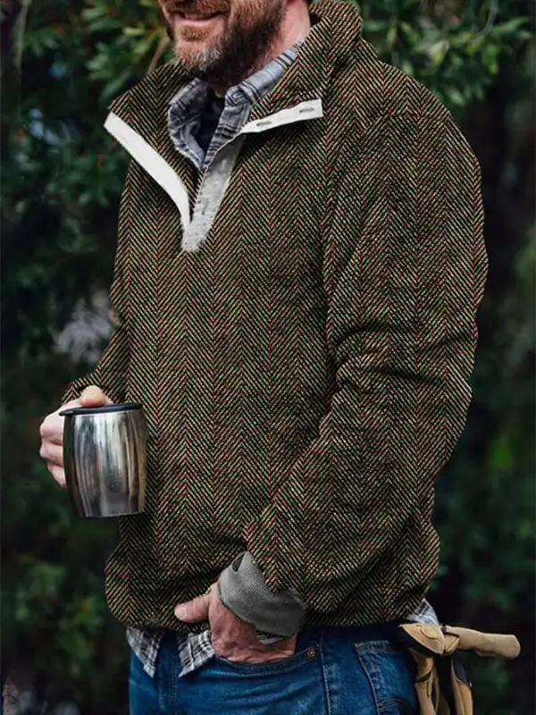 Men's Flannel Vintage Herringbone Button Pullover Sweatshirt