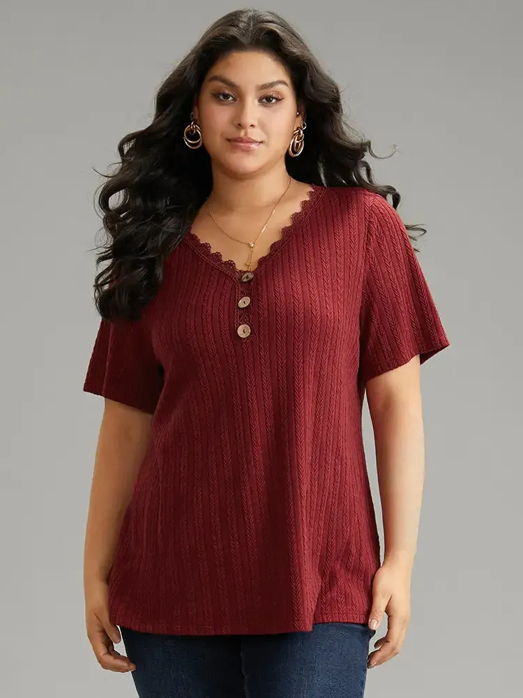 Lace Trim Plisse Button Detail T-Shirt