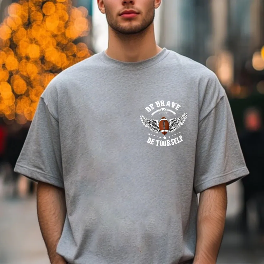 A Rugby Ball With Wings On Both Sides And A Small Halo Above. The Pattern Is Surrounded By The English Words 